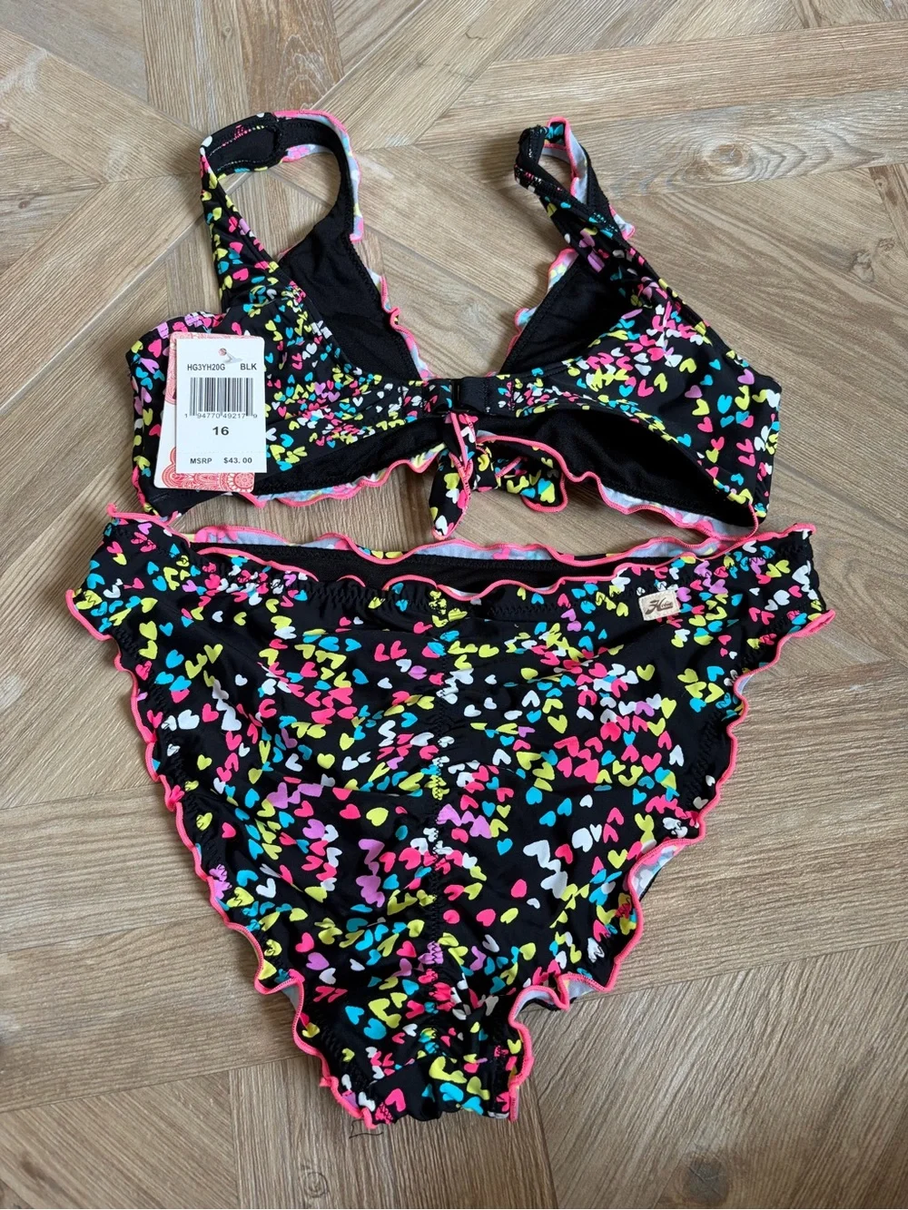 Hobie Flounce Bralette Bikini Top Hipster Bottom Swimsuit Black Hearts A Flutter